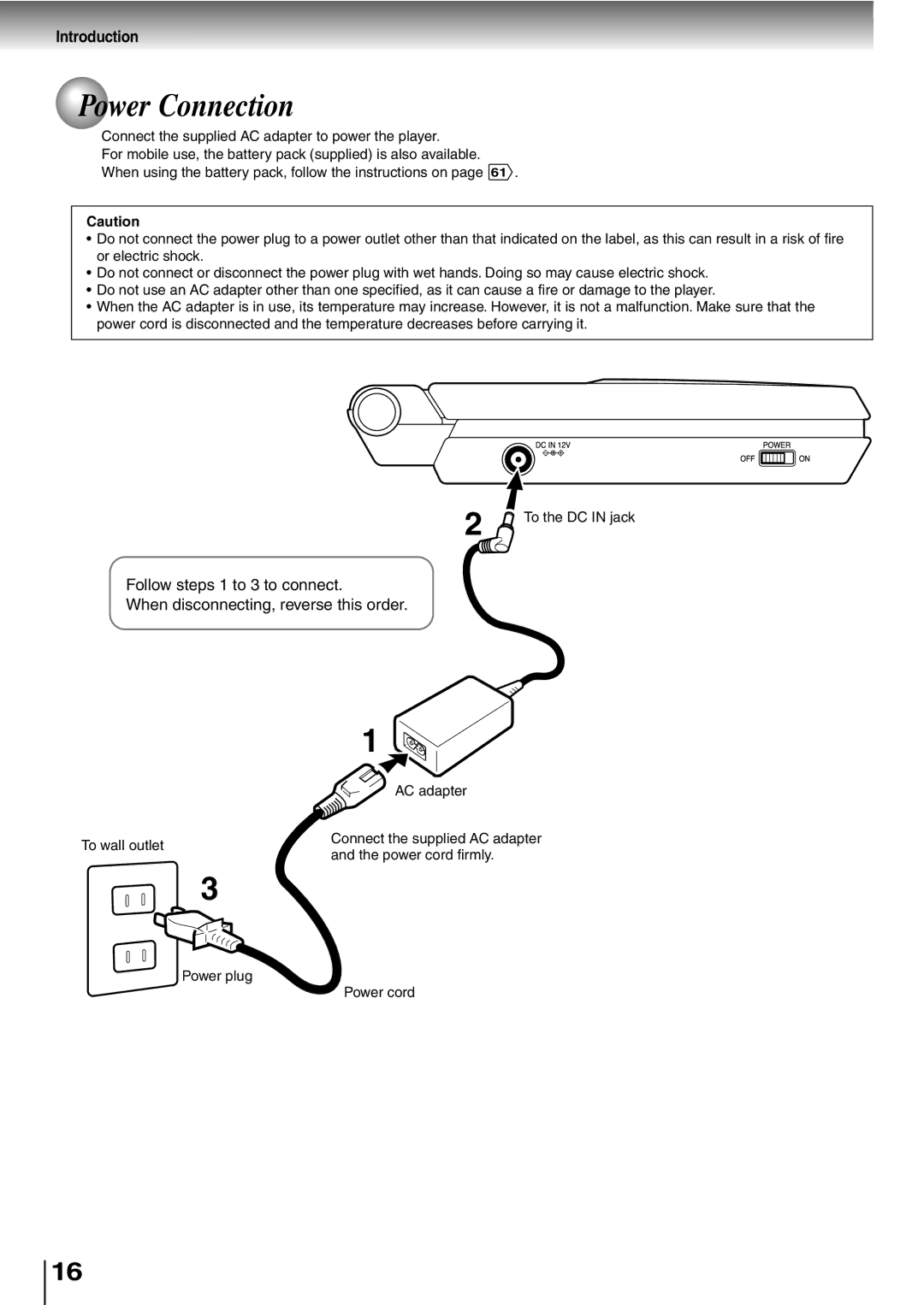 Toshiba SD-P1400 manual Power Connection 