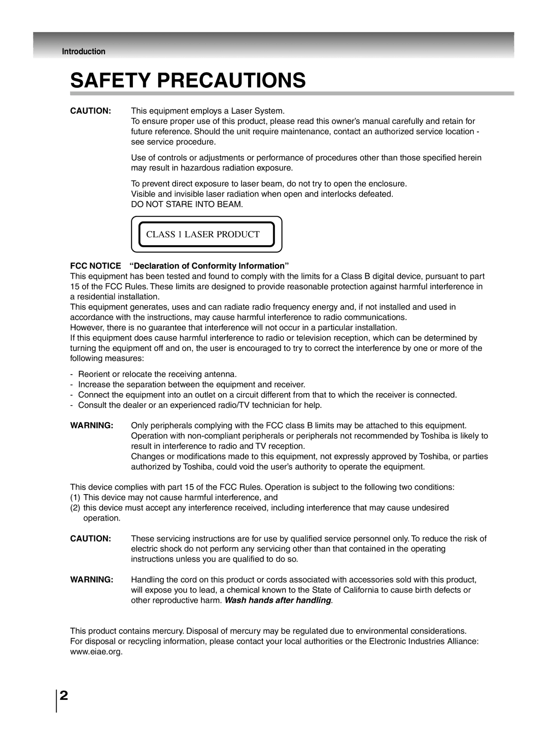 Toshiba SD-P1400 manual Introduction, FCC Notice Declaration of Conformity Information 