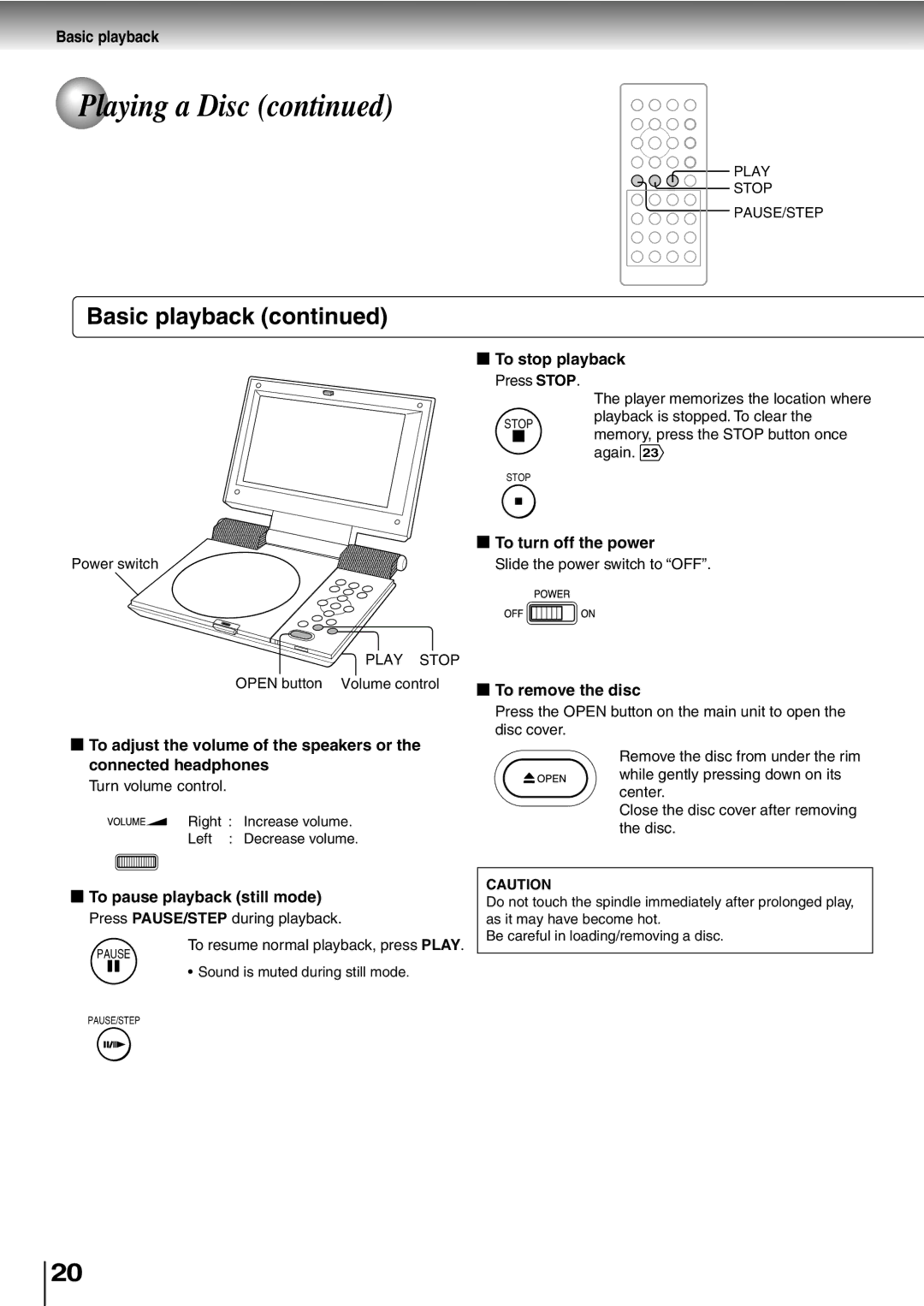 Toshiba SD-P1400 manual To stop playback, To turn off the power, To pause playback still mode 