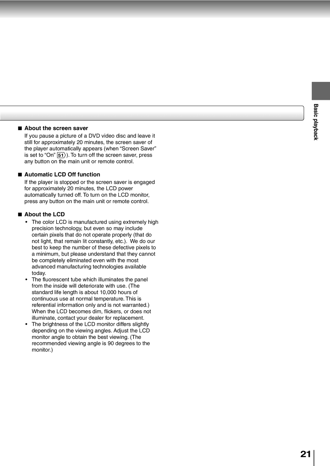 Toshiba SD-P1400 manual About the screen saver, Automatic LCD Off function, About the LCD, Basic playback 