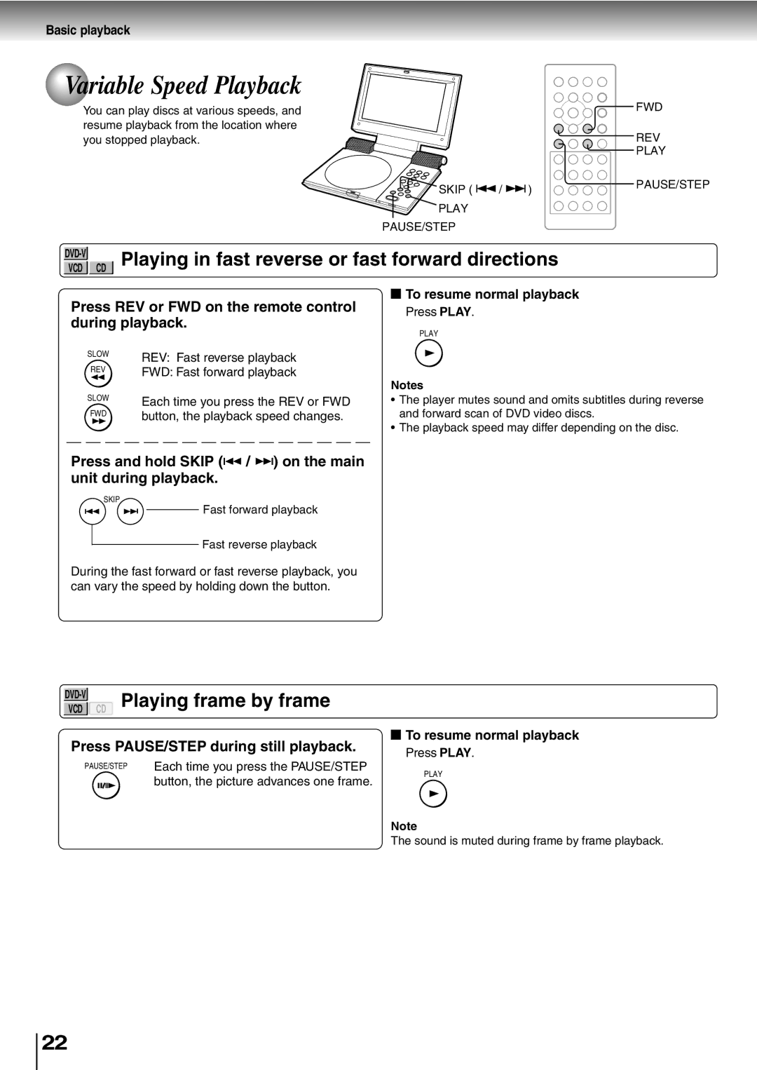 Toshiba SD-P1400 manual Variable Speed Playback, Playing in fast reverse or fast forward directions, Playing frame by frame 