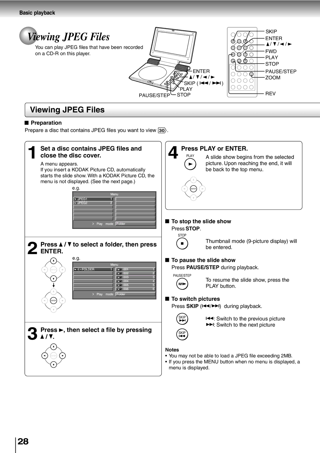 Toshiba SD-P1400 manual Viewing Jpeg Files, Set a disc contains Jpeg files and close the disc cover 