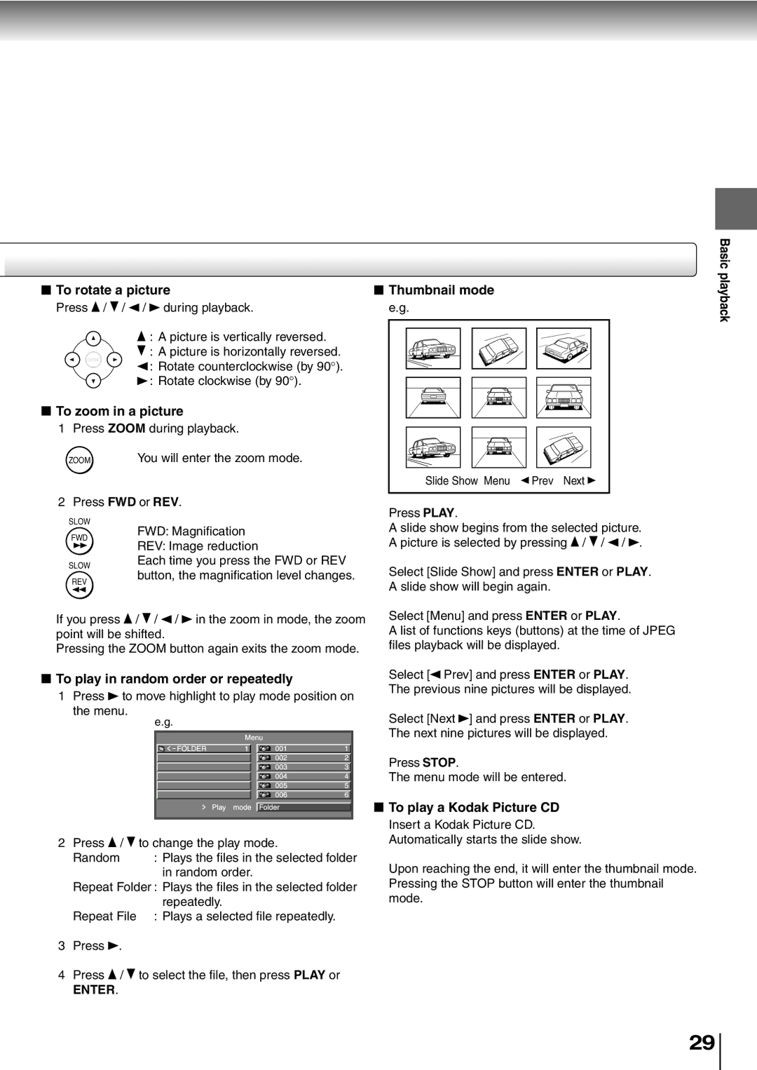 Toshiba SD-P1400 manual To rotate a picture Thumbnail mode, To zoom in a picture, To play in random order or repeatedly 