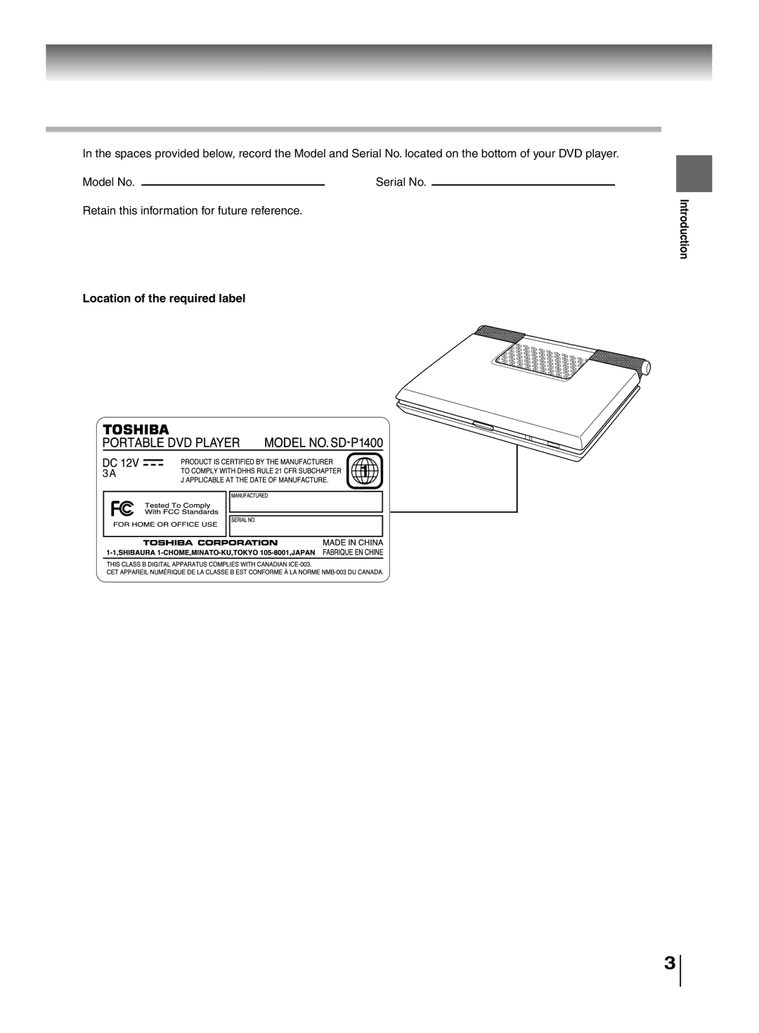 Toshiba SD-P1400 manual Location of the required label, Introduction 