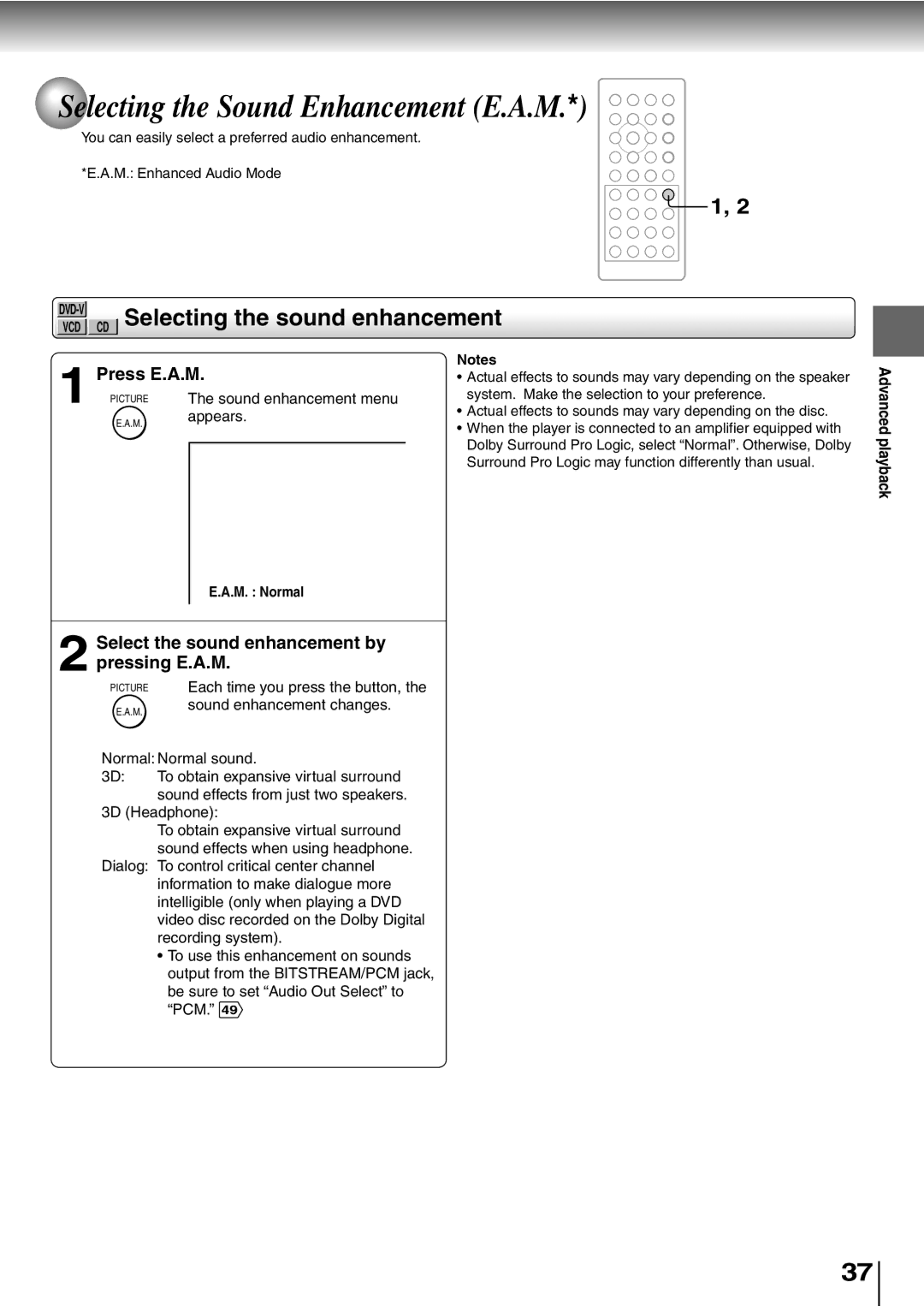 Toshiba SD-P1400 manual Selecting the Sound Enhancement E.A.M, CD Selecting the sound enhancement, Press E.A.M, M. Normal 