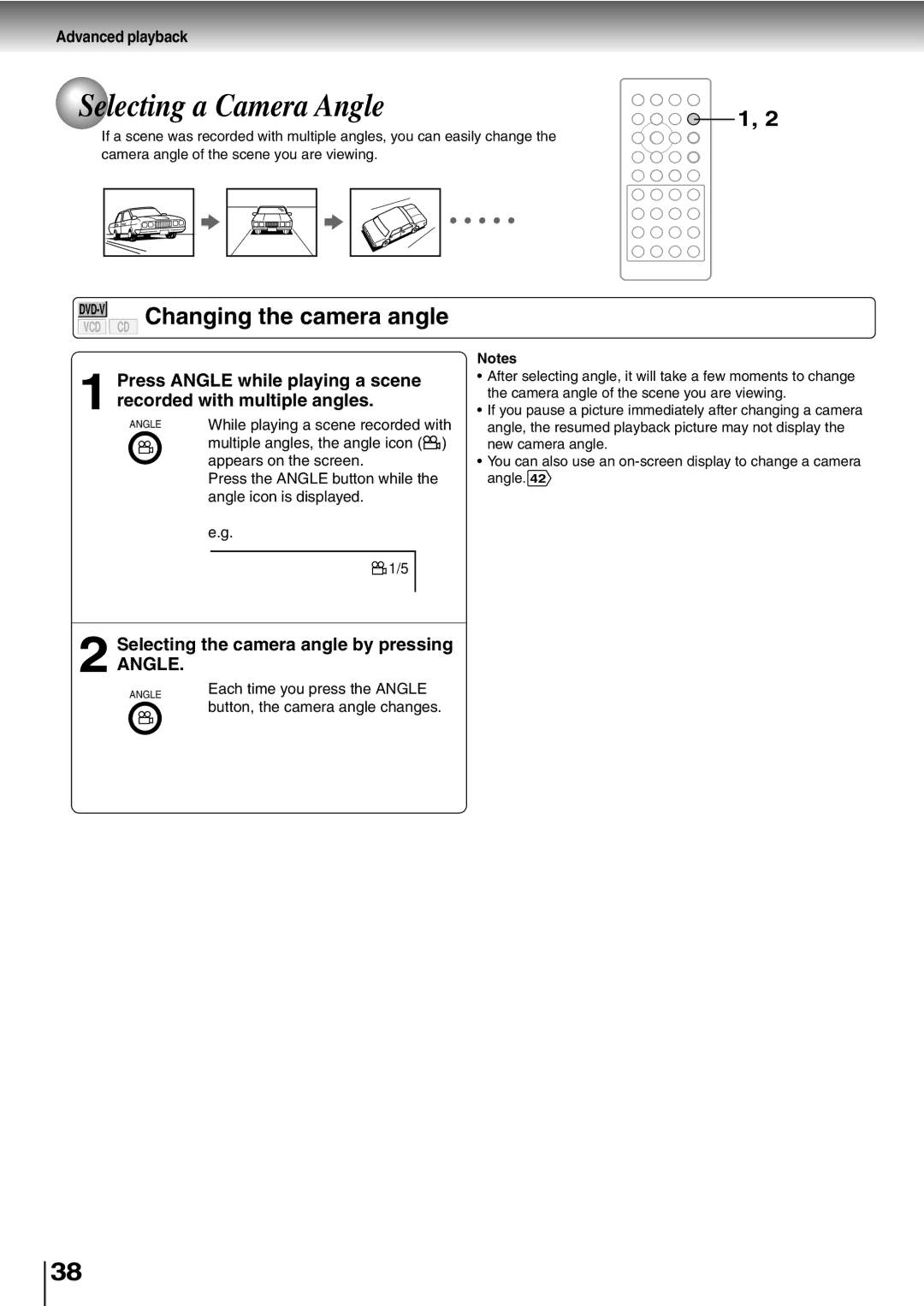 Toshiba SD-P1400 manual Selecting a Camera Angle, Changing the camera angle, Selecting the camera angle by pressing 