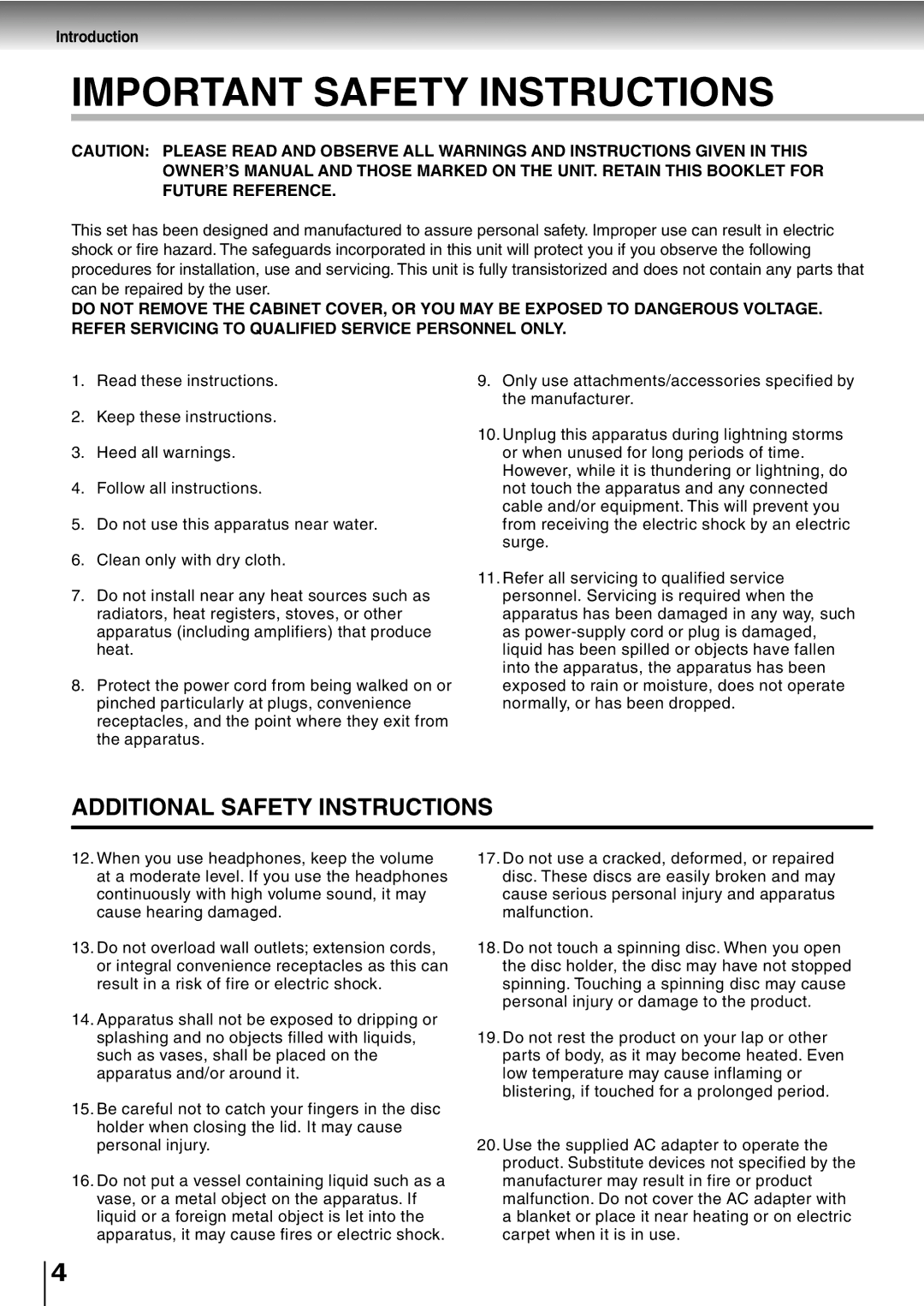 Toshiba SD-P1400 manual Important Safety Instructions 