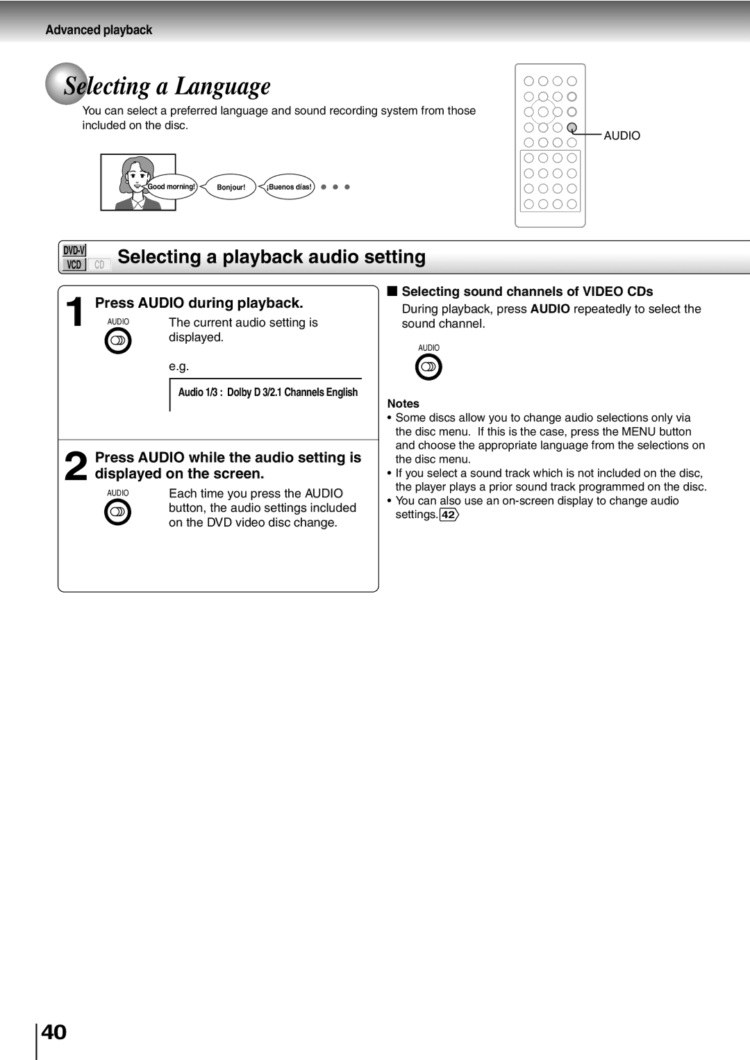 Toshiba SD-P1400 manual Selecting a Language, CD Selecting a playback audio setting, Press Audio during playback 