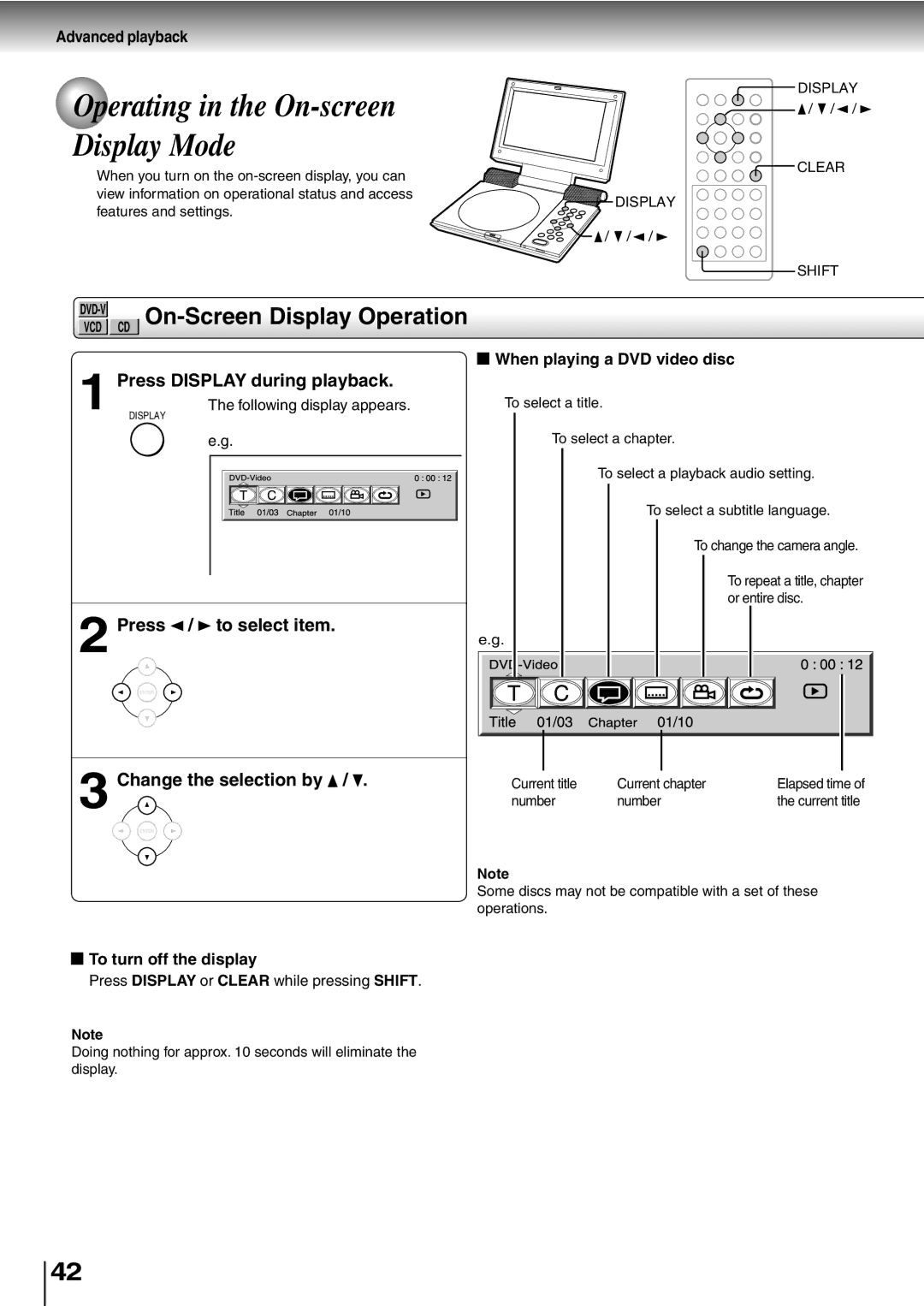 Toshiba SD-P1400 Operating in the On-screen Display Mode, CD On-Screen Display Operation, Press Display during playback 