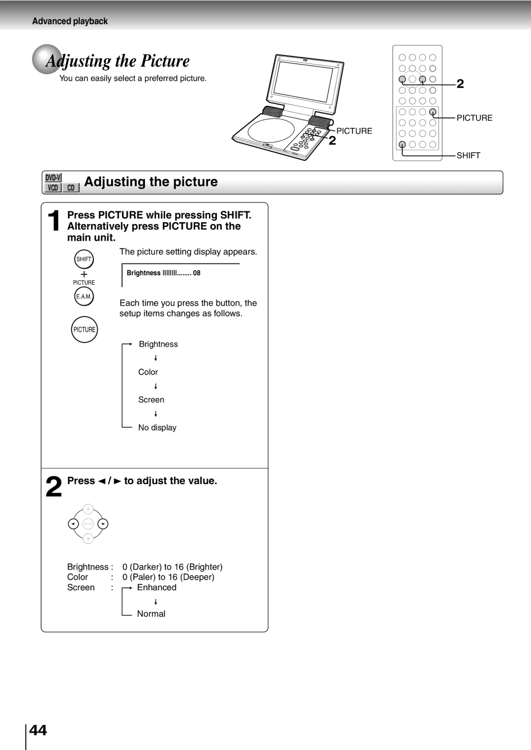 Toshiba SD-P1400 manual Adjusting the Picture, Adjusting the picture, Press / to adjust the value 