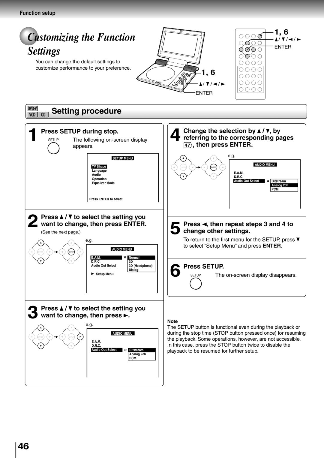 Toshiba SD-P1400 manual Customizing the Function Settings, CD Setting procedure, Press Setup during stop 