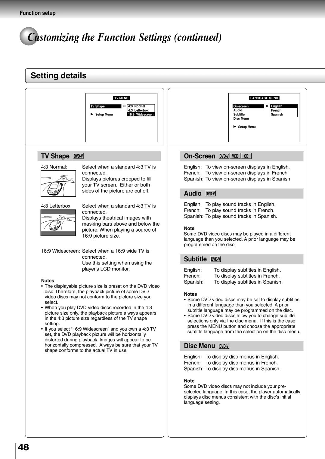 Toshiba SD-P1400 manual Setting details, On-ScreenDVD-V VCD CD 