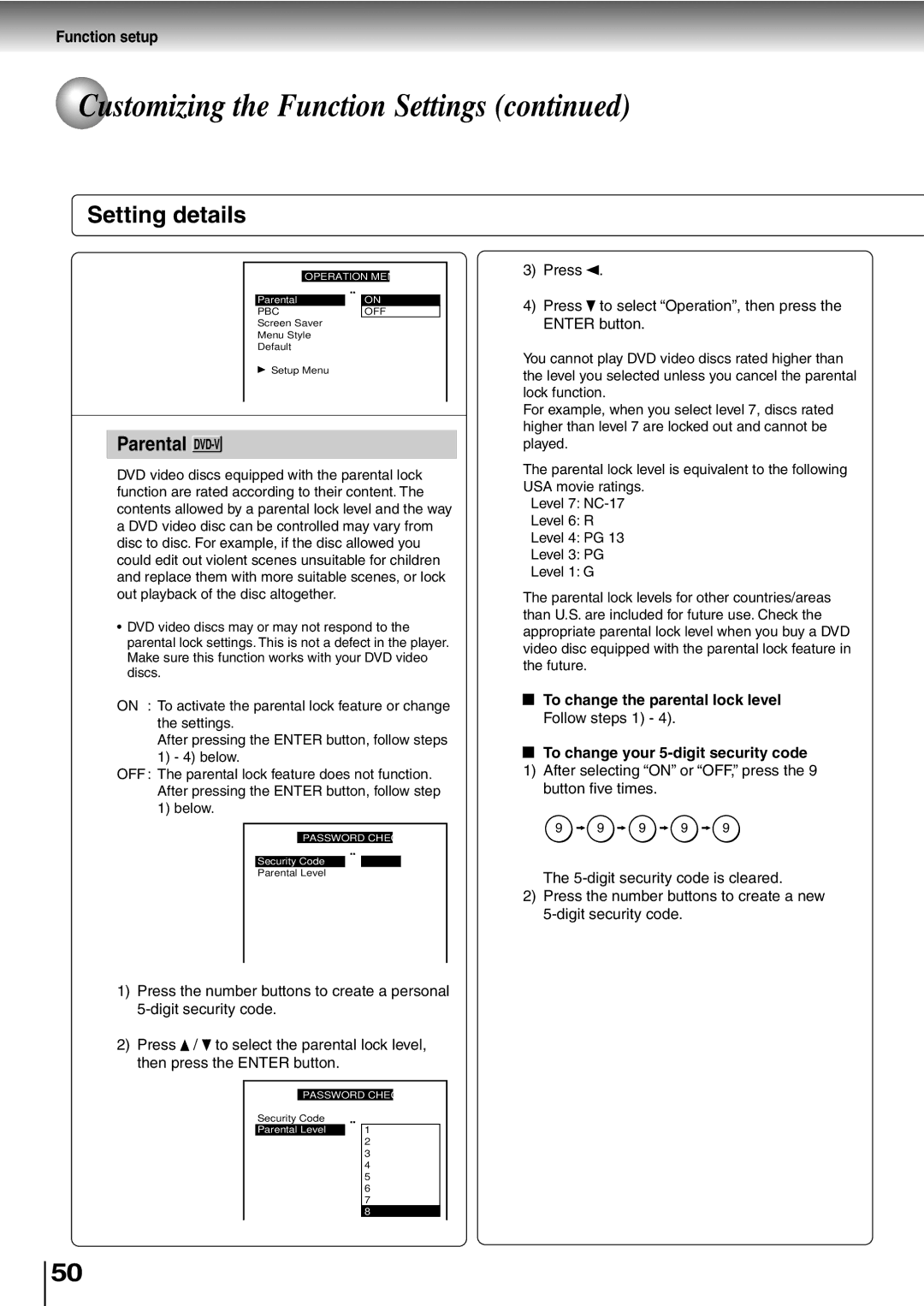 Toshiba SD-P1400 manual To change the parental lock level, To change your 5-digit security code 