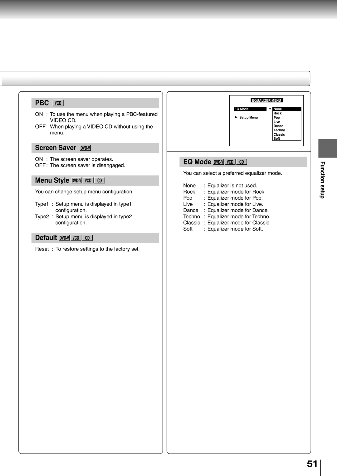 Toshiba SD-P1400 manual Menu Style DVD-V VCD CD, Default DVD-V VCD CD, EQ Mode DVD-V VCD CD 