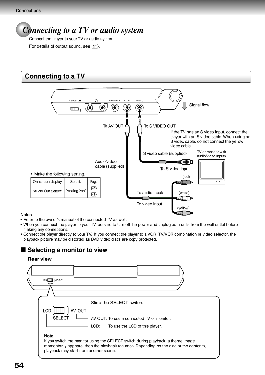 Toshiba SD-P1400 manual Connecting to a TV or audio system, Rear view, Connections 