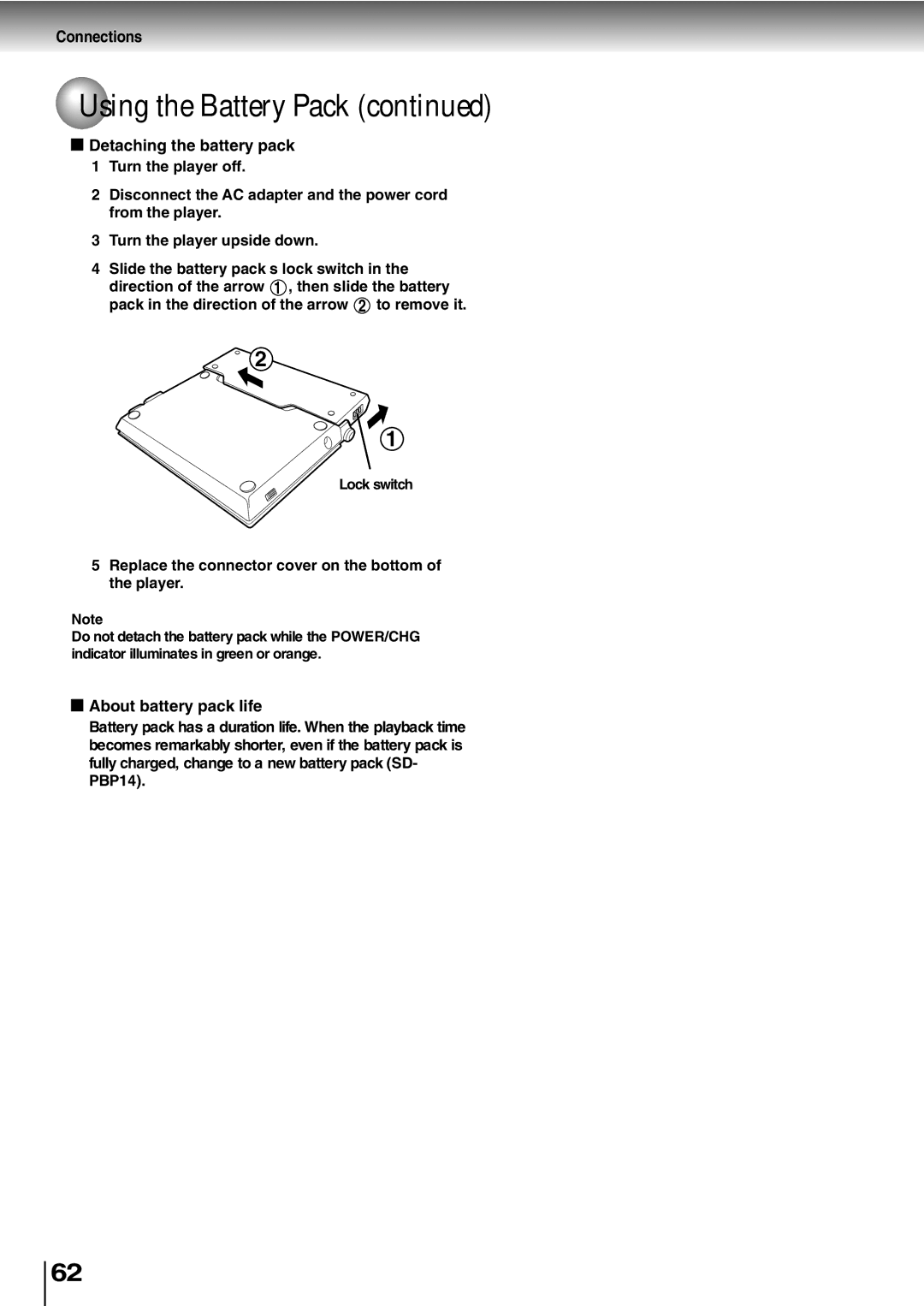 Toshiba SD-P1400 manual Detaching the battery pack, About battery pack life 