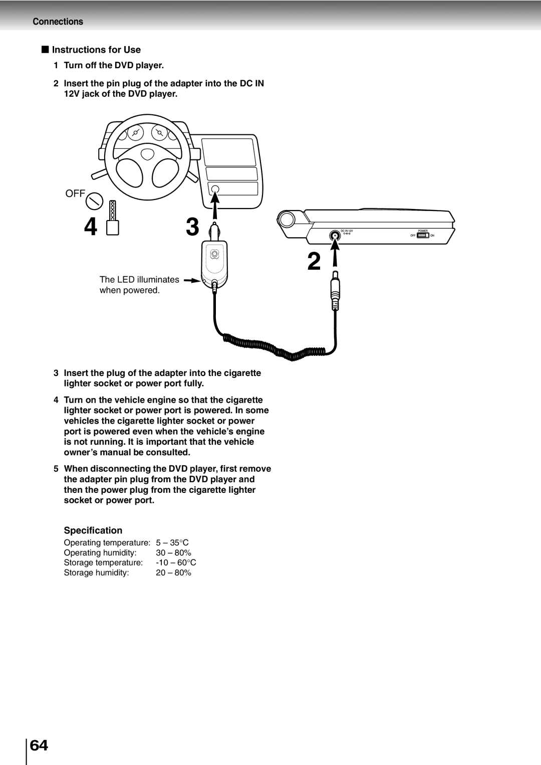 Toshiba SD-P1400 manual Connections Instructions for Use, Specification 