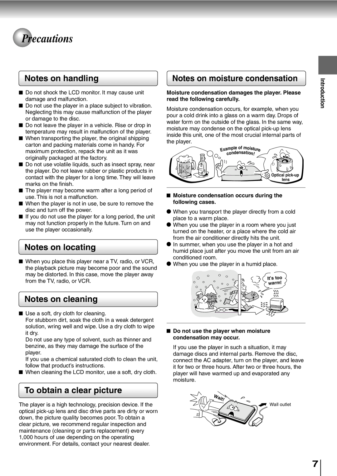 Toshiba SD-P1400 Precautions, To obtain a clear picture, Wait, Moisture condensation occurs during the following cases 