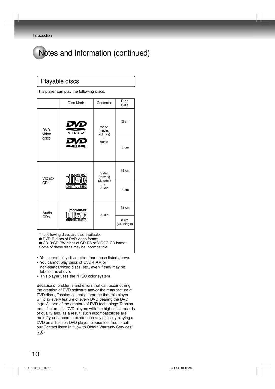 Toshiba SD-P1600 manual Playable discs 