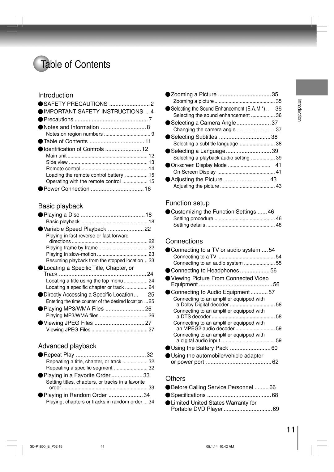 Toshiba SD-P1600 manual Table of Contents 