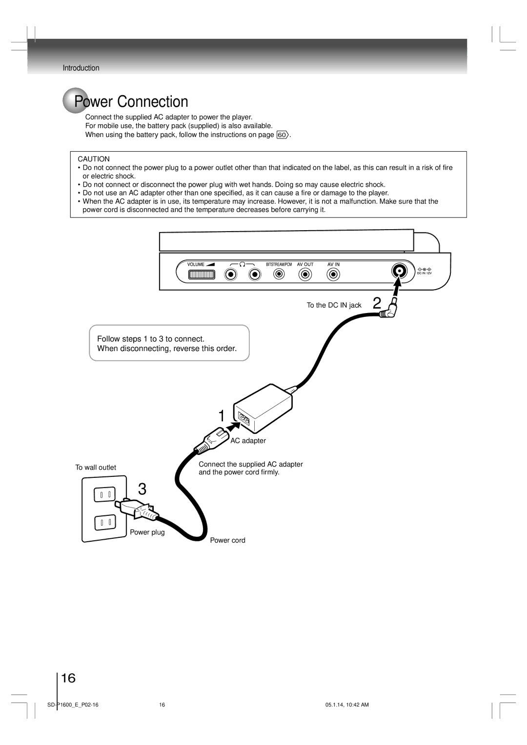 Toshiba SD-P1600 manual Power Connection 