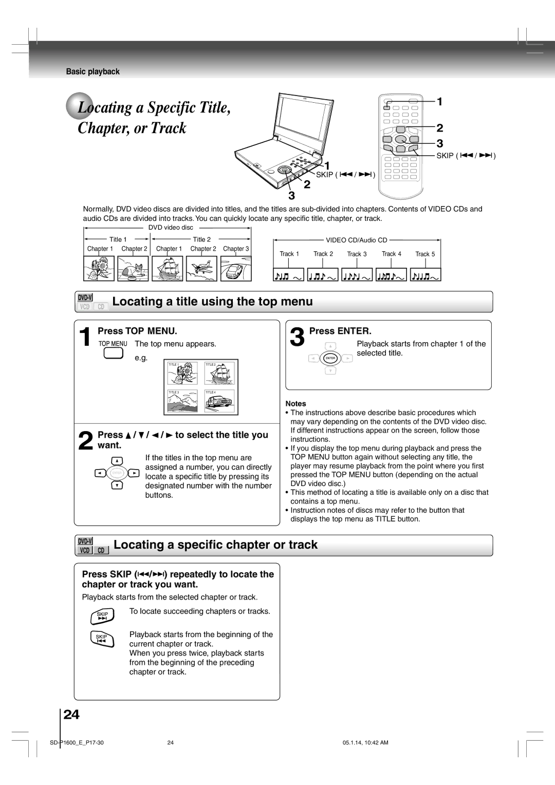 Toshiba SD-P1600 Locating a title using the top menu, Locating a specific chapter or track, Press TOP Menu, Press Enter 