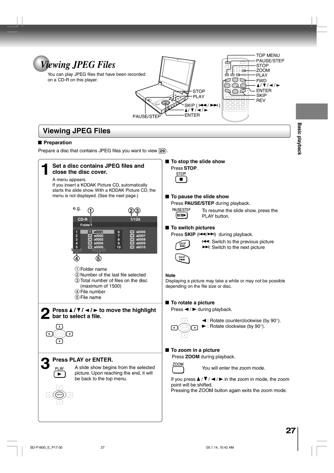 Toshiba SD-P1600 manual Viewing Jpeg Files, Set a disc contains Jpeg files and close the disc cover 