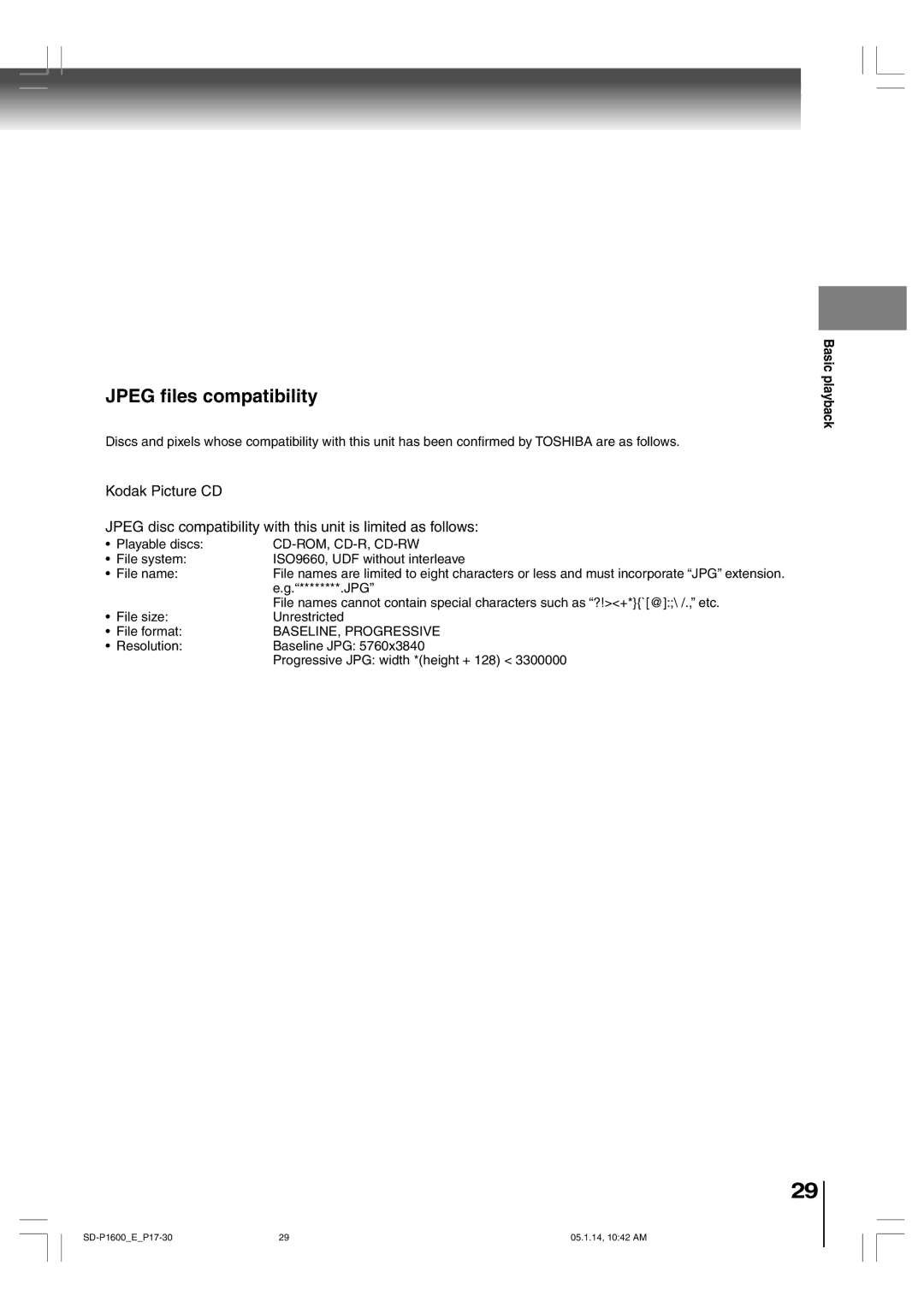 Toshiba SD-P1600 manual Jpeg files compatibility, BASELINE, Progressive 