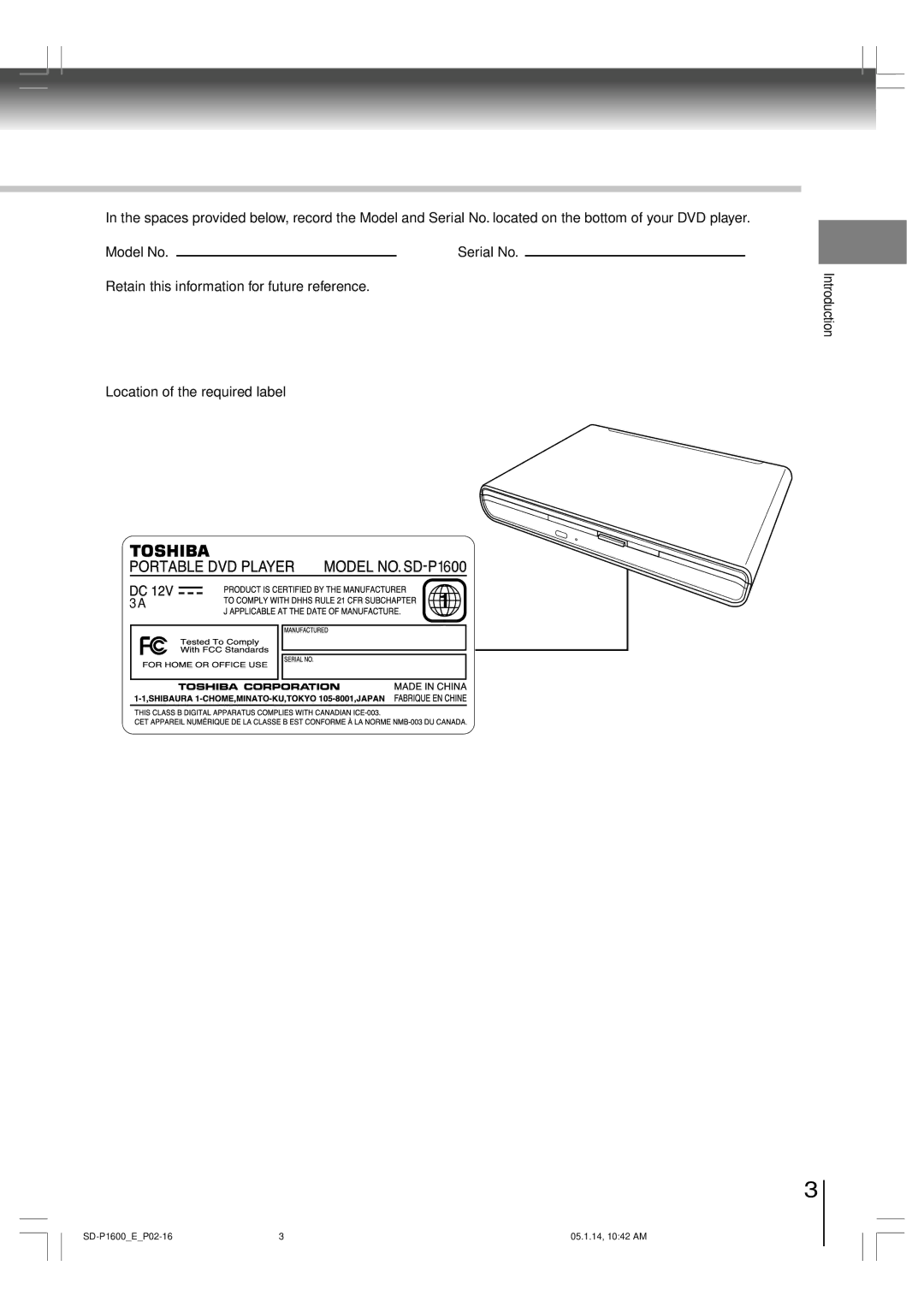 Toshiba SD-P1600 manual Location of the required label, Introduction 