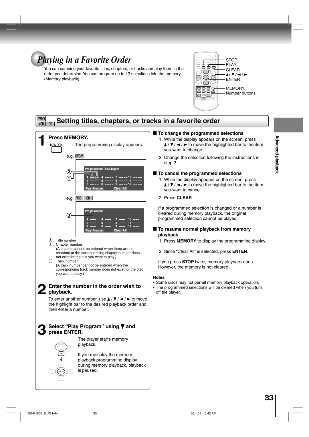 Toshiba SD-P1600 manual Playing in a Favorite Order, CD Setting titles, chapters, or tracks in a favorite order 