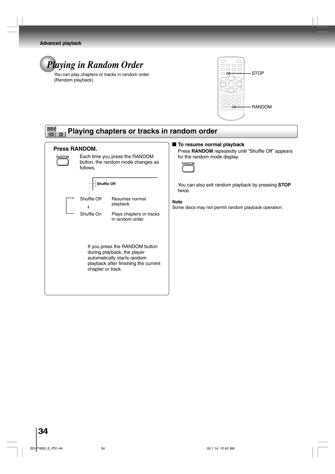 Toshiba SD-P1600 manual Playing in Random Order, Playing chapters or tracks in random order, Press Random 