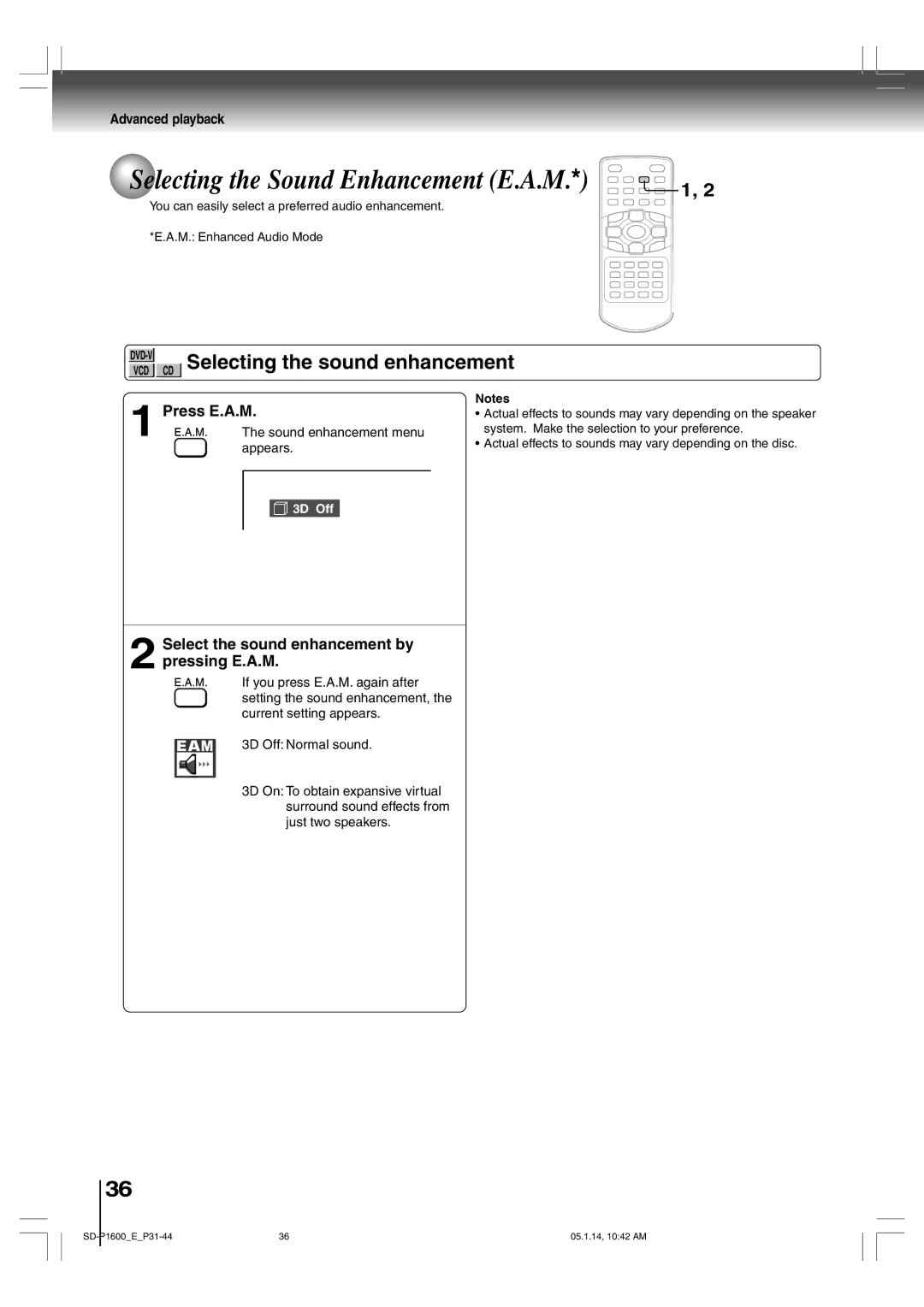 Toshiba SD-P1600 manual Selecting the Sound Enhancement E.A.M.* 1, CD Selecting the sound enhancement, Press E.A.M 