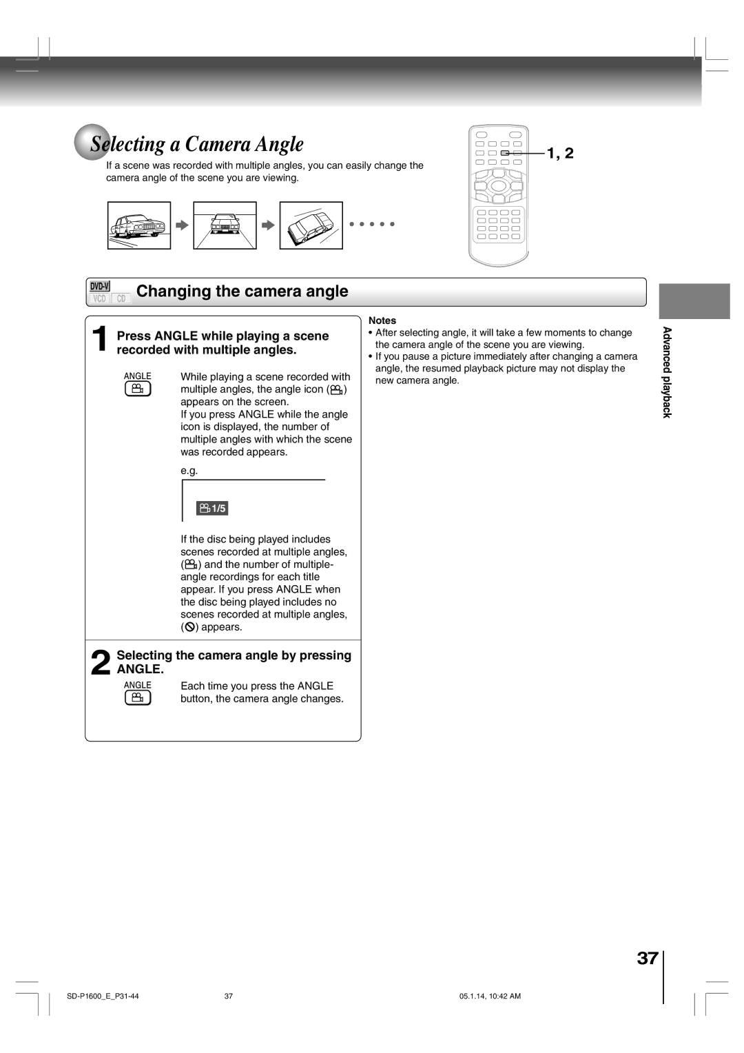 Toshiba SD-P1600 manual Selecting a Camera Angle, Changing the camera angle, Selecting the camera angle by pressing 