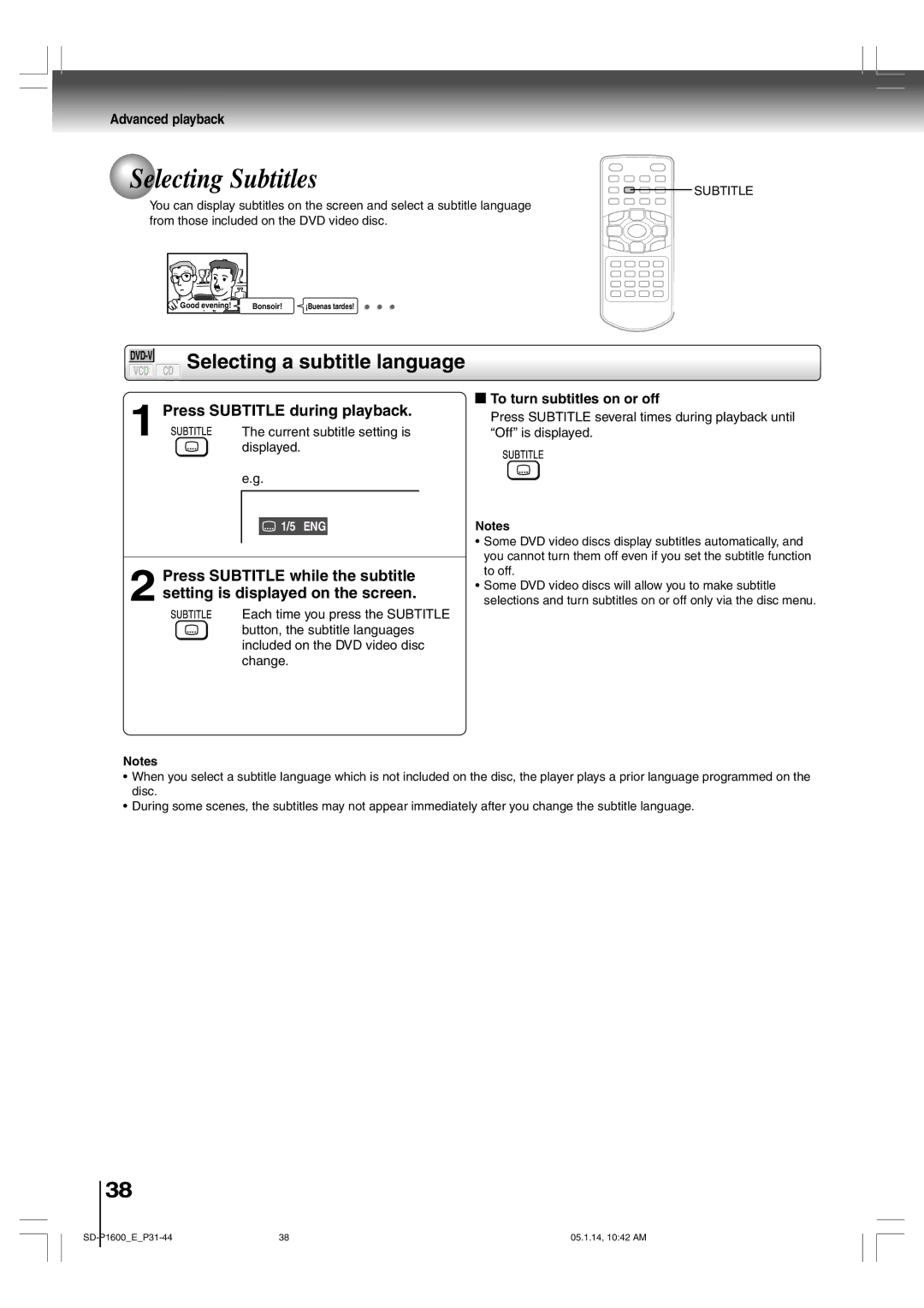 Toshiba SD-P1600 manual Selecting Subtitles, CD Selecting a subtitle language, Press Subtitle during playback 