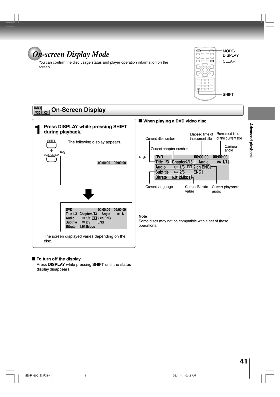 Toshiba SD-P1600 manual On-screen Display Mode, On-Screen Display 