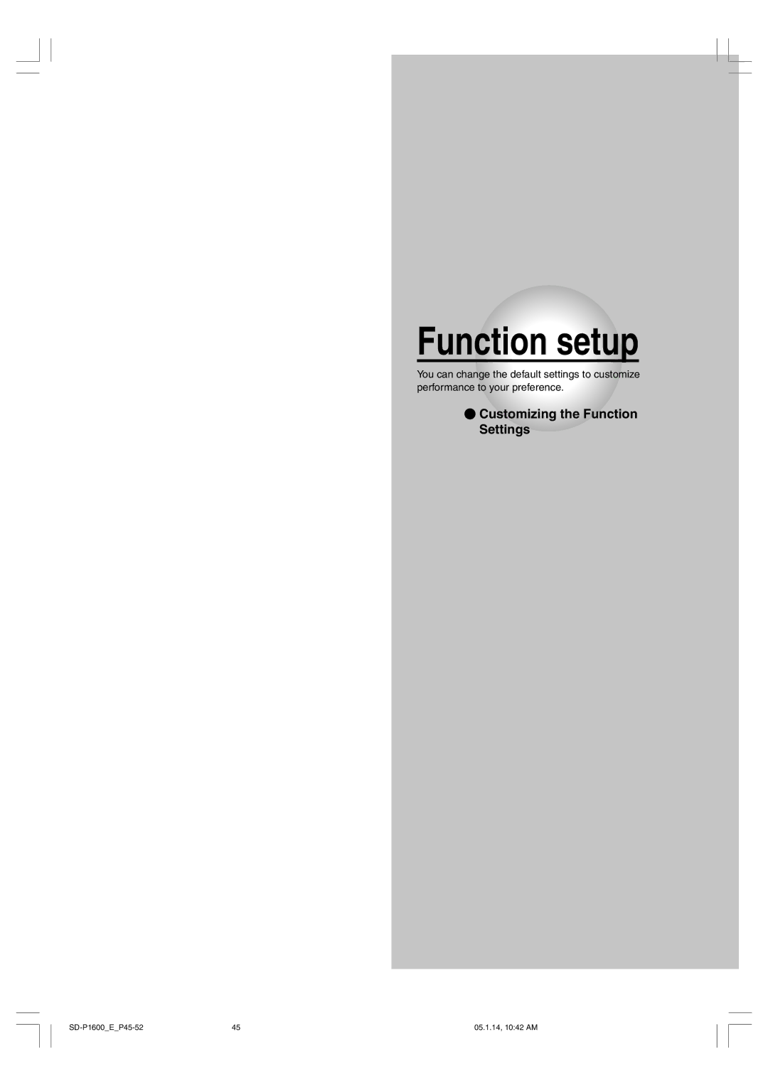 Toshiba SD-P1600 manual Function setup 