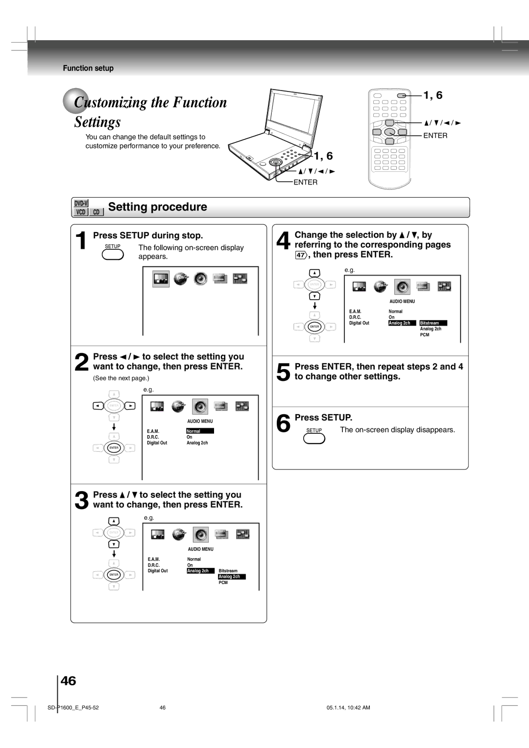 Toshiba SD-P1600 Customizing the Function Settings, Setting procedure, Press Setup during stop, To change other settings 