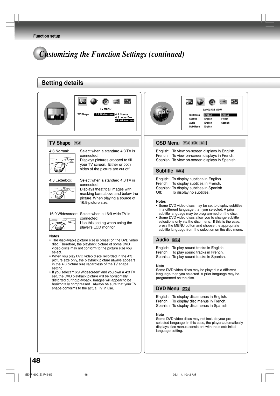 Toshiba SD-P1600 manual Setting details, OSD Menu DVD-V VCD CD 