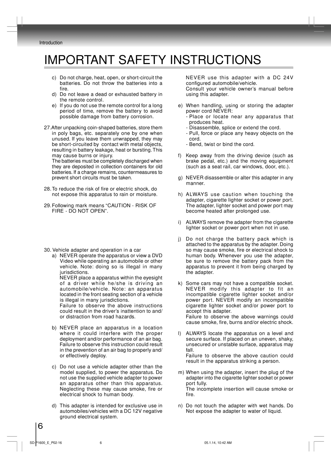 Toshiba SD-P1600 manual Important Safety Instructions 