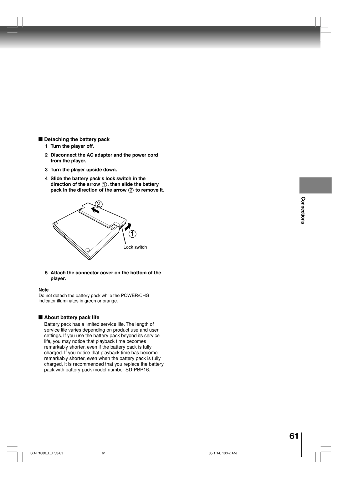 Toshiba SD-P1600 manual Detaching the battery pack, About battery pack life 