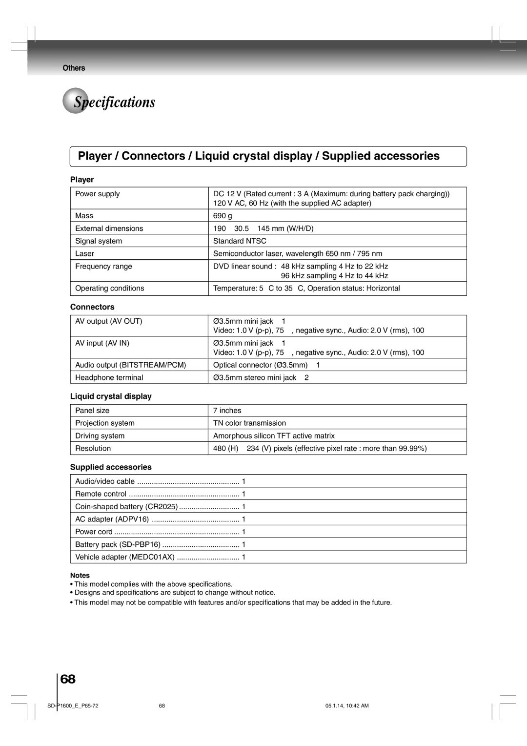 Toshiba SD-P1600 manual Specifications, Player, Connectors, Liquid crystal display, Supplied accessories 