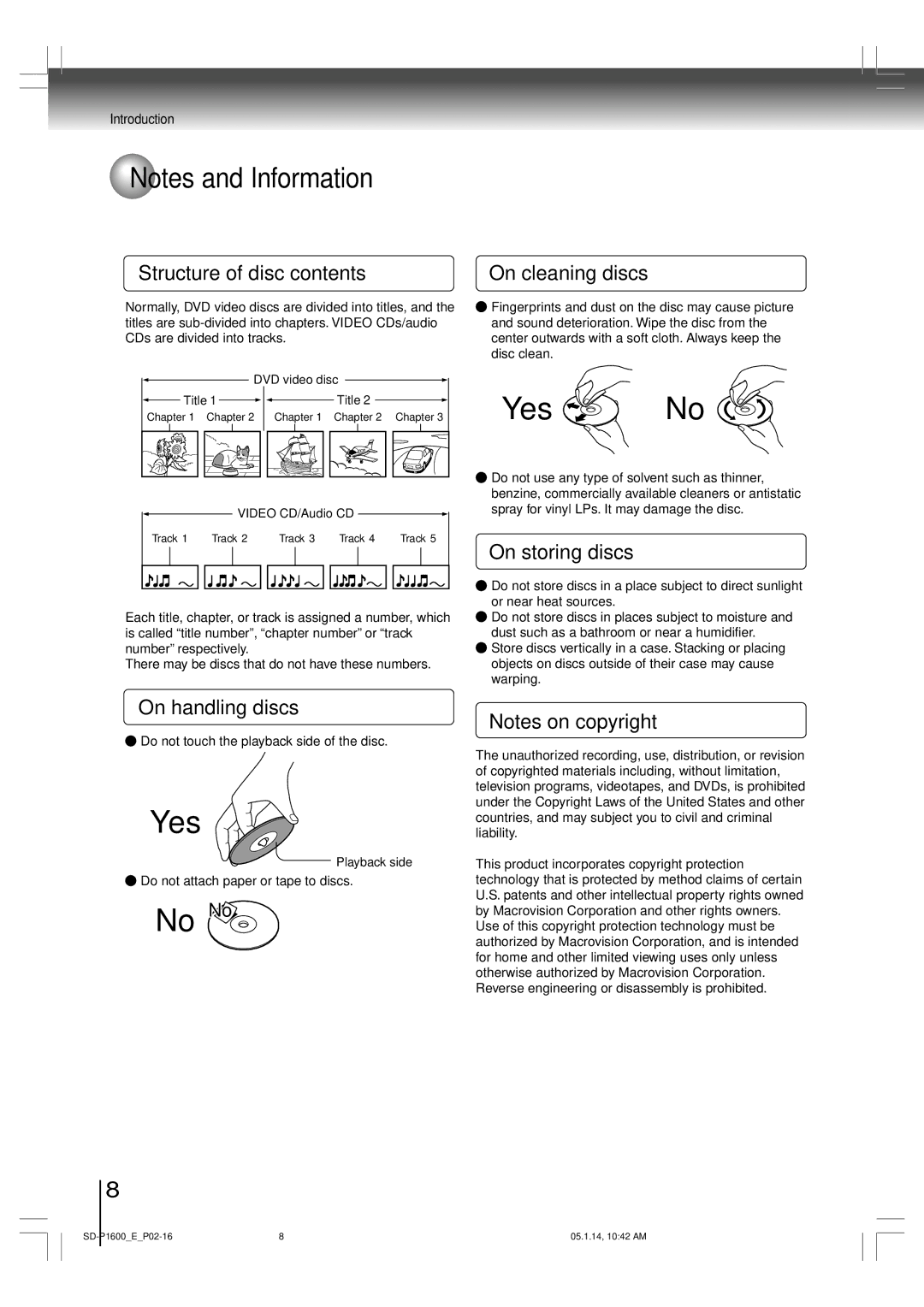 Toshiba SD-P1600 manual Structure of disc contents On cleaning discs, On storing discs, On handling discs 