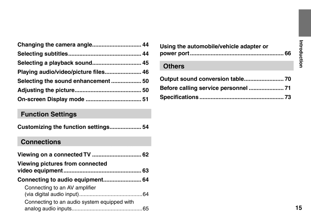 Toshiba SD-P1707SR owner manual Others, Function Settings, Connections, Using the automobile/vehicle adapter or 