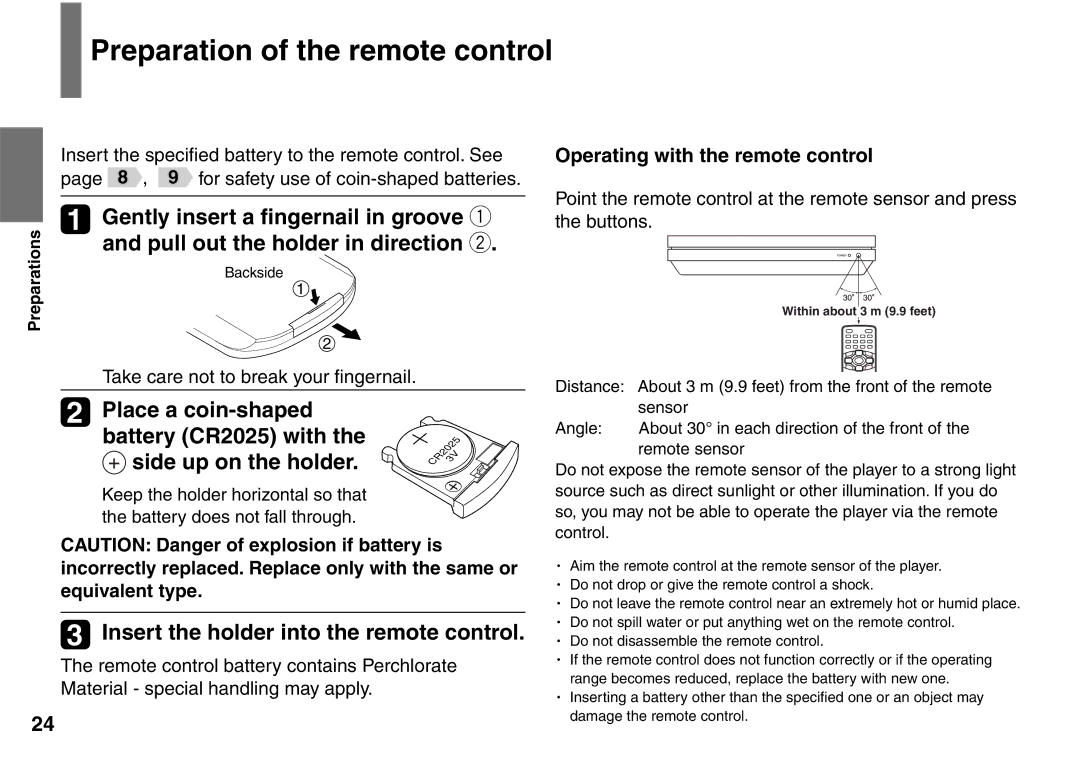 Toshiba SD-P1707SR owner manual Preparation of the remote control, Gently insert a ﬁngernail in groove q 