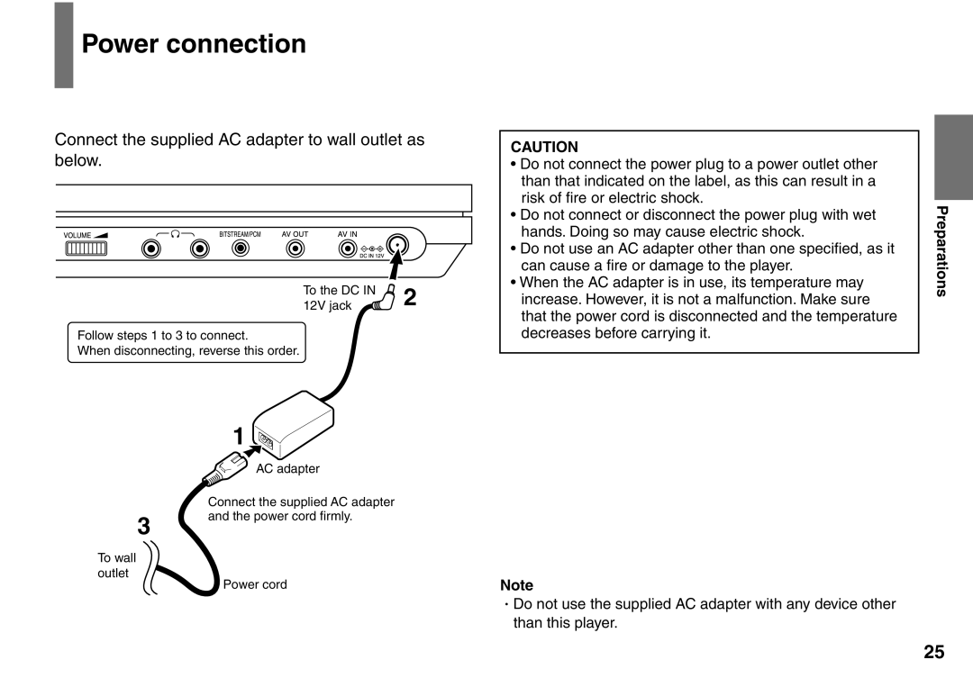 Toshiba SD-P1707SR owner manual Power connection, Connect the supplied AC adapter to wall outlet as below 