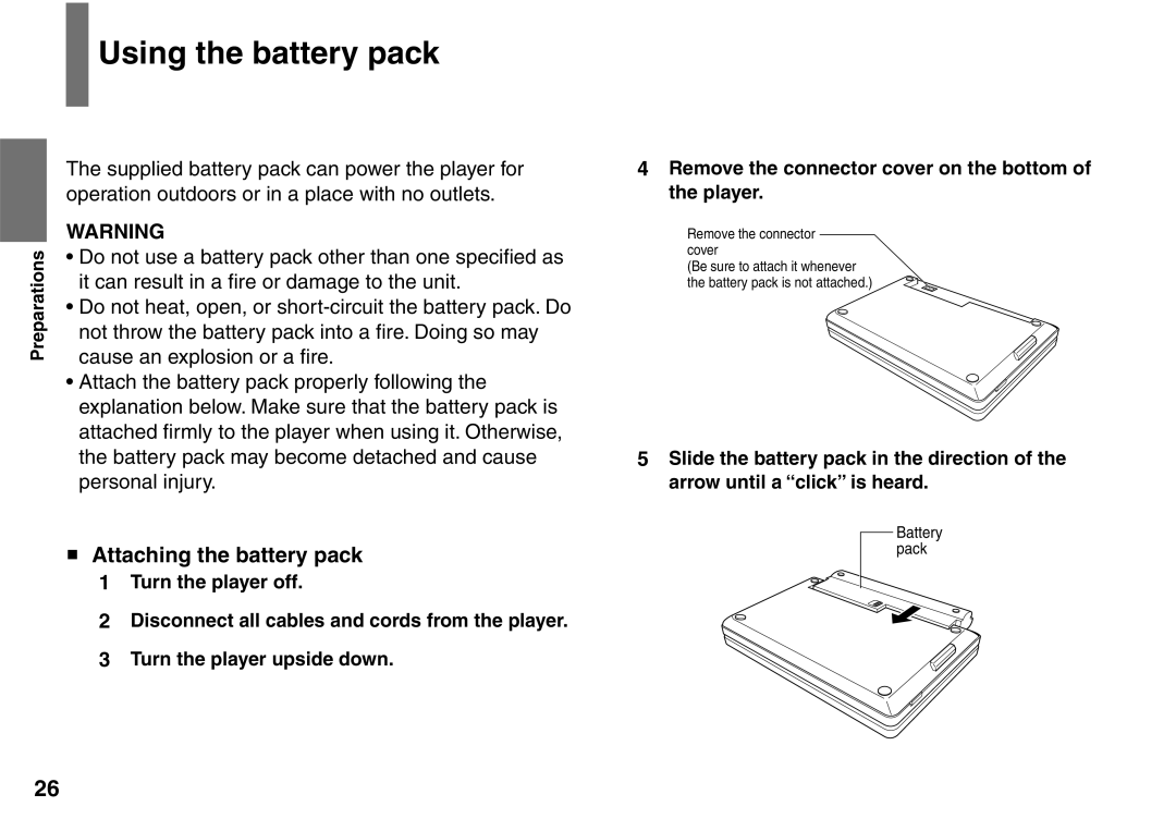 Toshiba SD-P1707SR owner manual Using the battery pack, Attaching the battery pack 