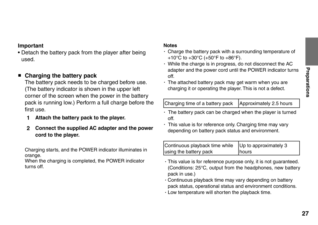 Toshiba SD-P1707SR owner manual Charging the battery pack, Detach the battery pack from the player after being used 