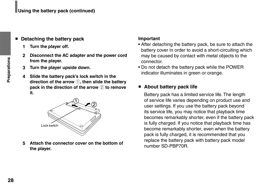 Toshiba SD-P1707SR owner manual Detaching the battery pack, About battery pack life, Using the battery pack 