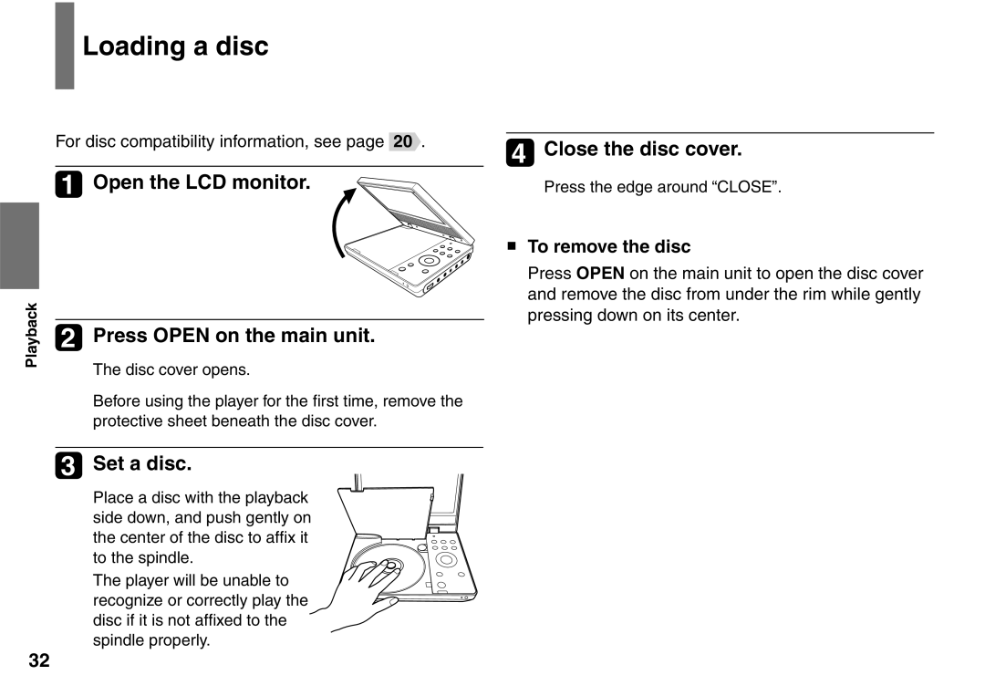 Toshiba SD-P1707SR Loading a disc, Open the LCD monitor, Press Open on the main unit, Set a disc, Close the disc cover 