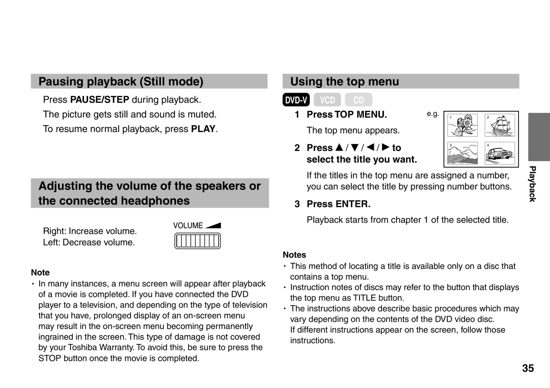 Toshiba SD-P1707SR Pausing playback Still mode, Using the top menu, Press TOP Menu, Press Select the title you want 